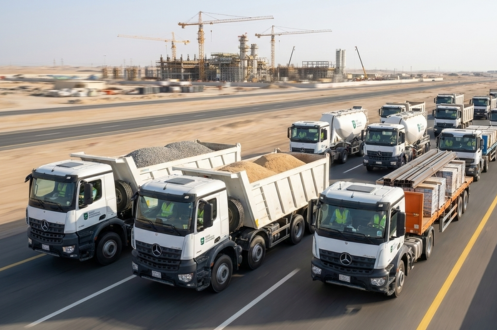 Construction material logistics and fleet management with delivery trucks