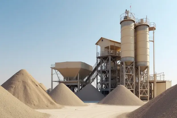 Industrial material production plant with aggregate stockpiles and batching silos